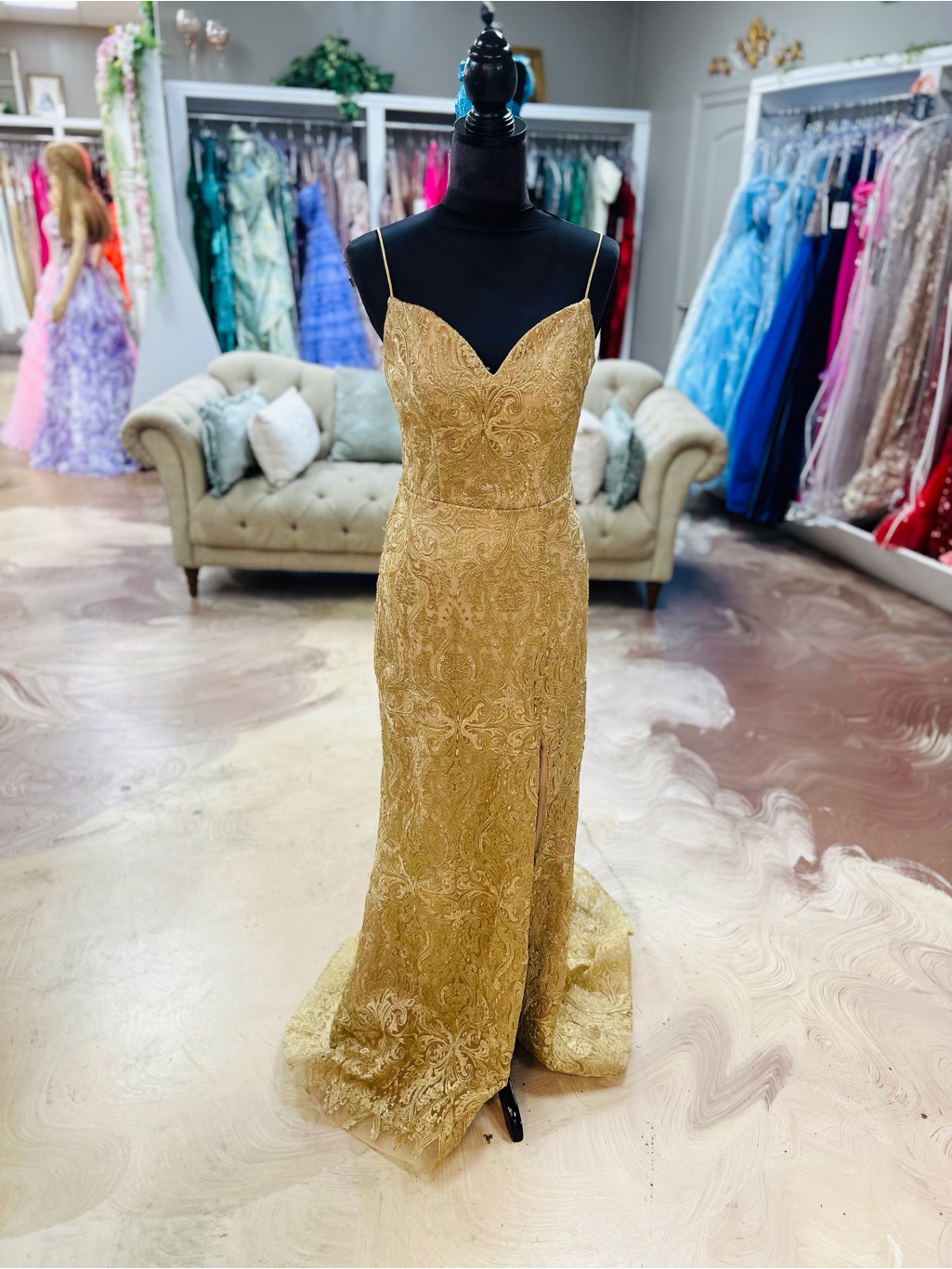 Embellished Gold Lace Spaghetti-Strap Prom Dress